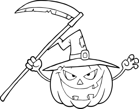 Online coloring book: Coloring page pumpkin with scythe